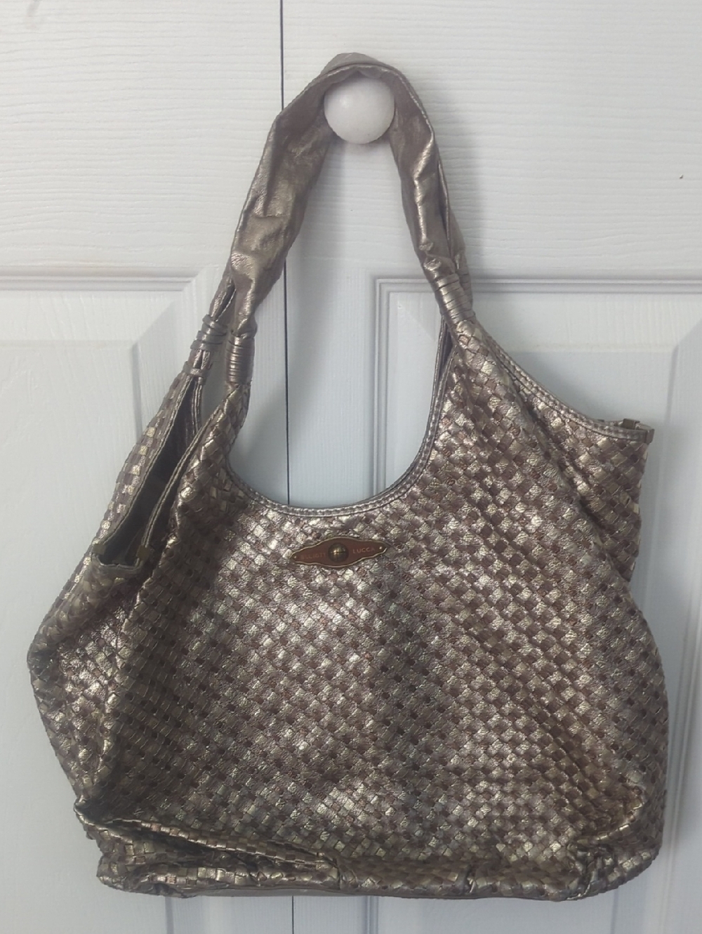 Metallic Woven Hobo Tote Bag - Bronze